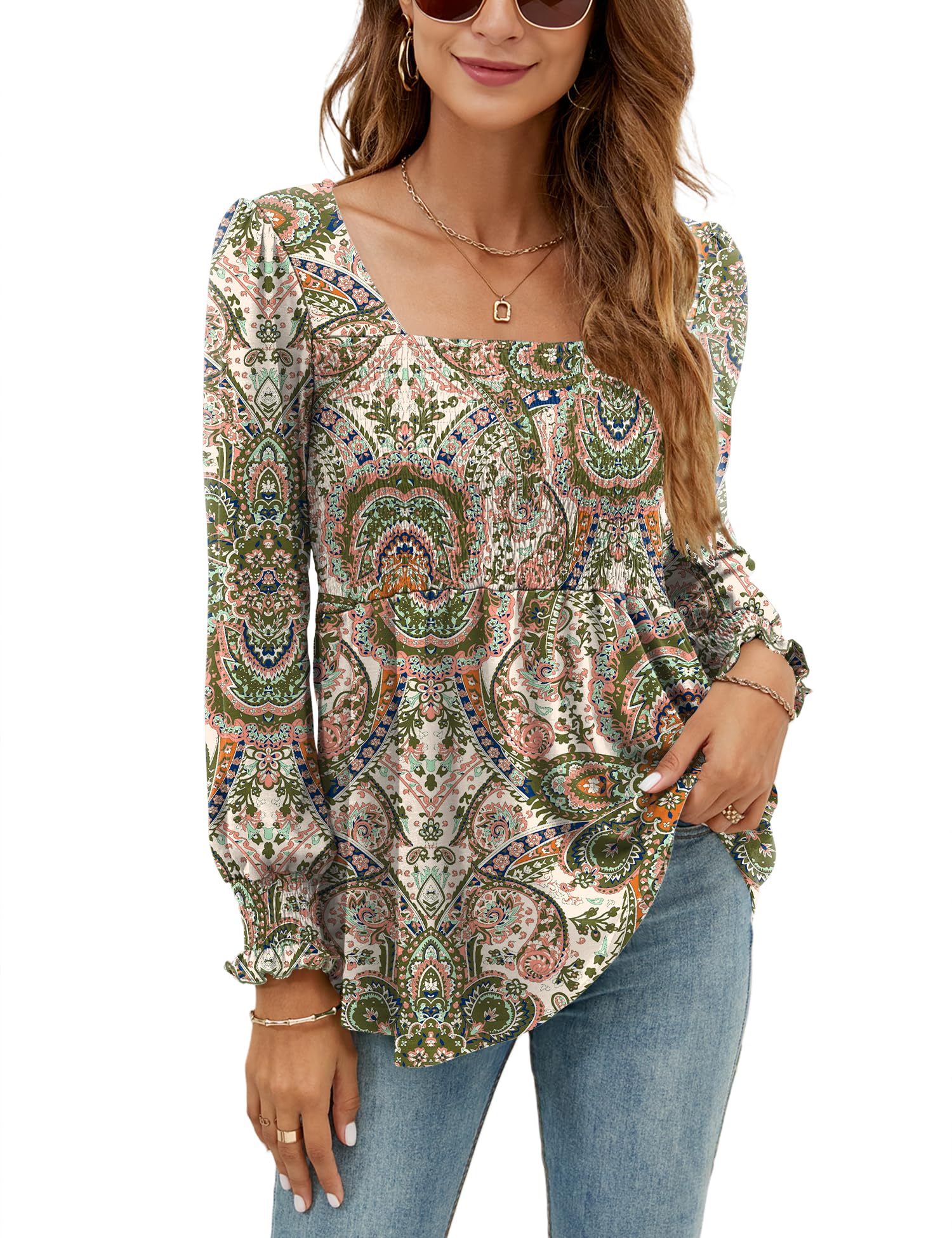 LOMON Blouses for Women Puff Long Sleeve Shirts Square Neck Casual Smocked Tunic Tops 2024 Spring Fall Winter Clothes S-XL