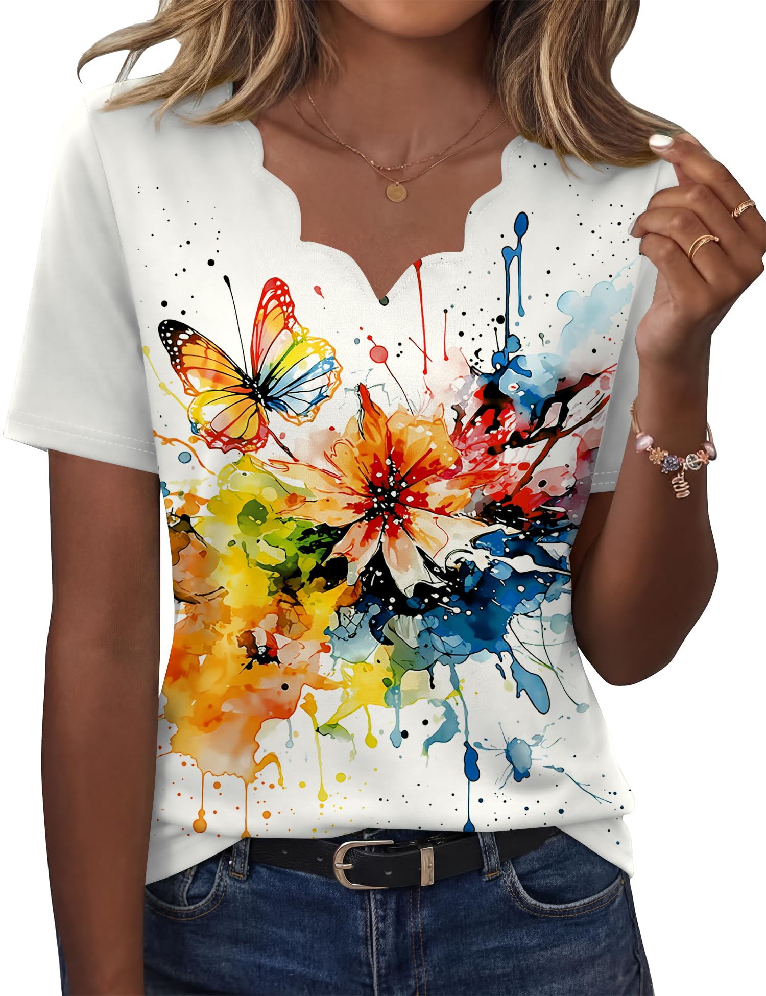 LOMON Womens Summer Tops V Neck Short Sleeve Shirts Dressy Casual Tunic Blouses Spring Fashion