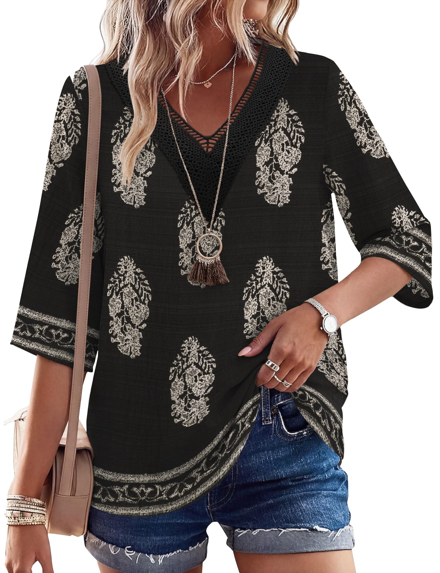 LOMON Women's 3/4 Length Sleeve Boho Tops V Neck Lace Summer Outfits Dressy Casual Flowy Shirts Vacation Clothes Blouses