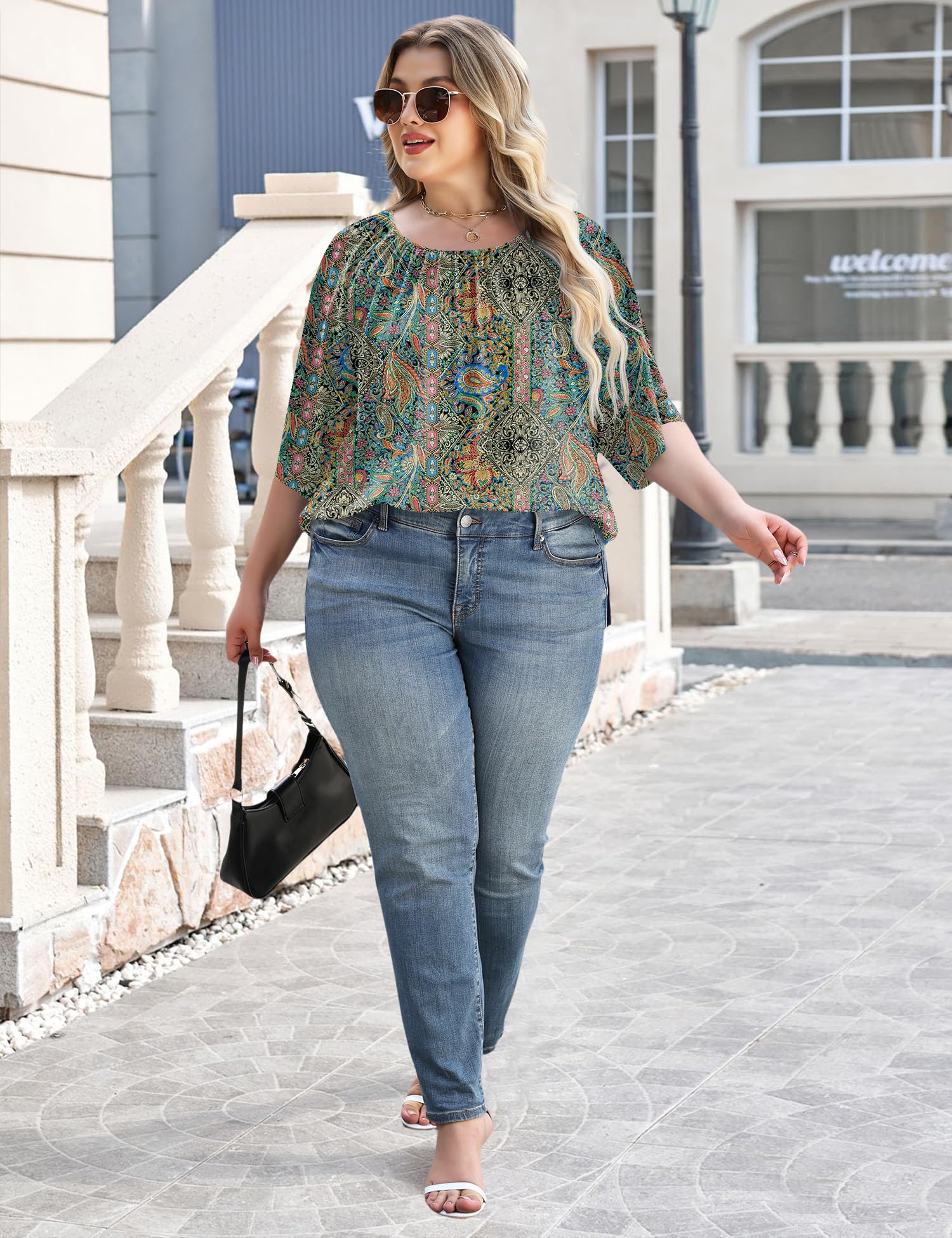 LOMON Womens Plus Size Tops Summer 3/4 Length Sleeve Crewneck Blouses Dressy Casual Loose Curvy Flowy Tunic Shirts 1X-5X
