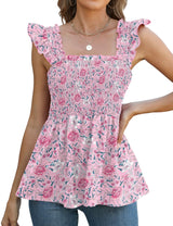 LOMON Womens Tank Tops Fashion Summer Ruffle Flying Sleeve Smocked Blouses Square Neck Sleeveless Shirts Babydoll Shirt