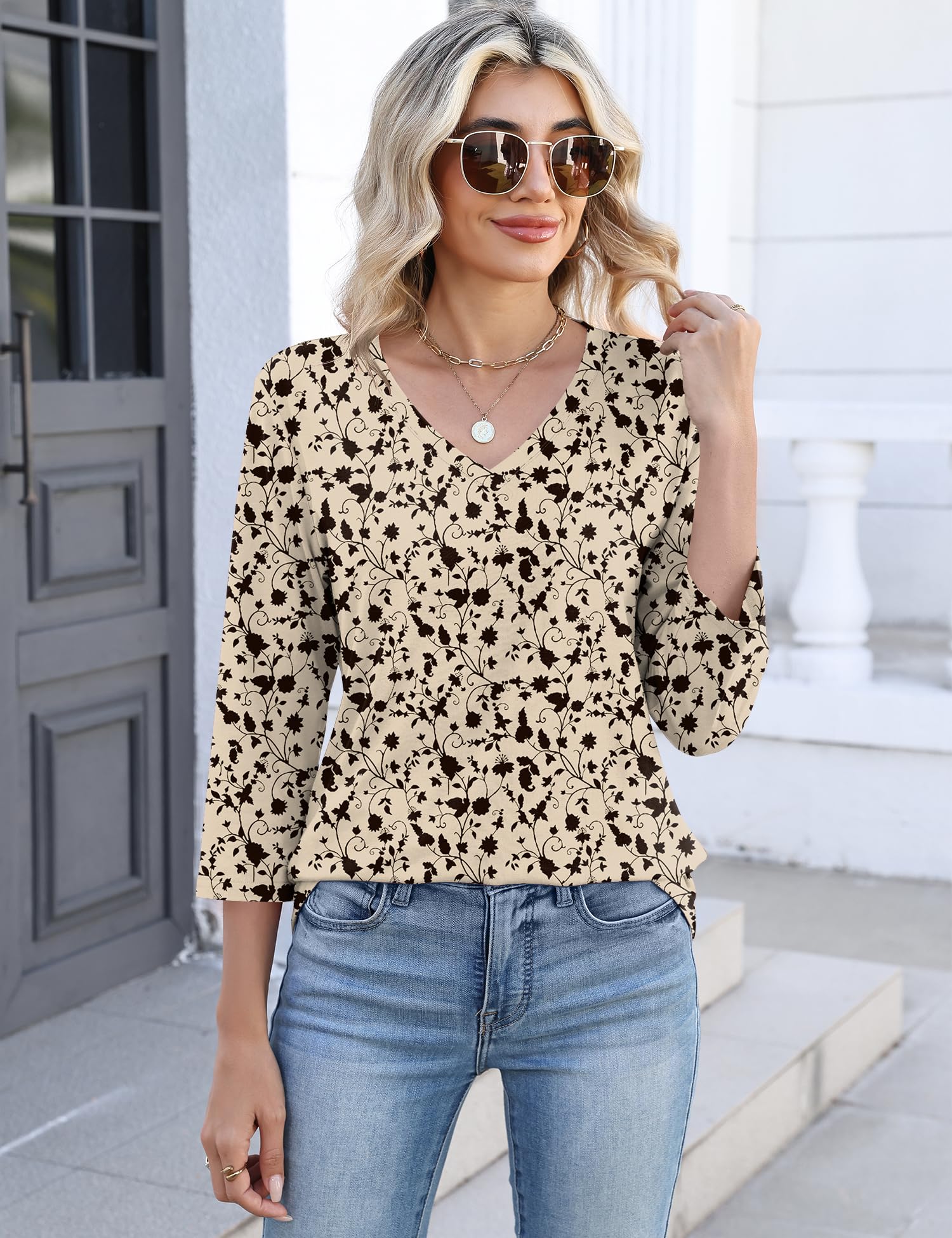 Lomon Women's V Neck T Shirts 3/4 Sleeve Blouse Summer Tops Dressy Casual Basic Tees