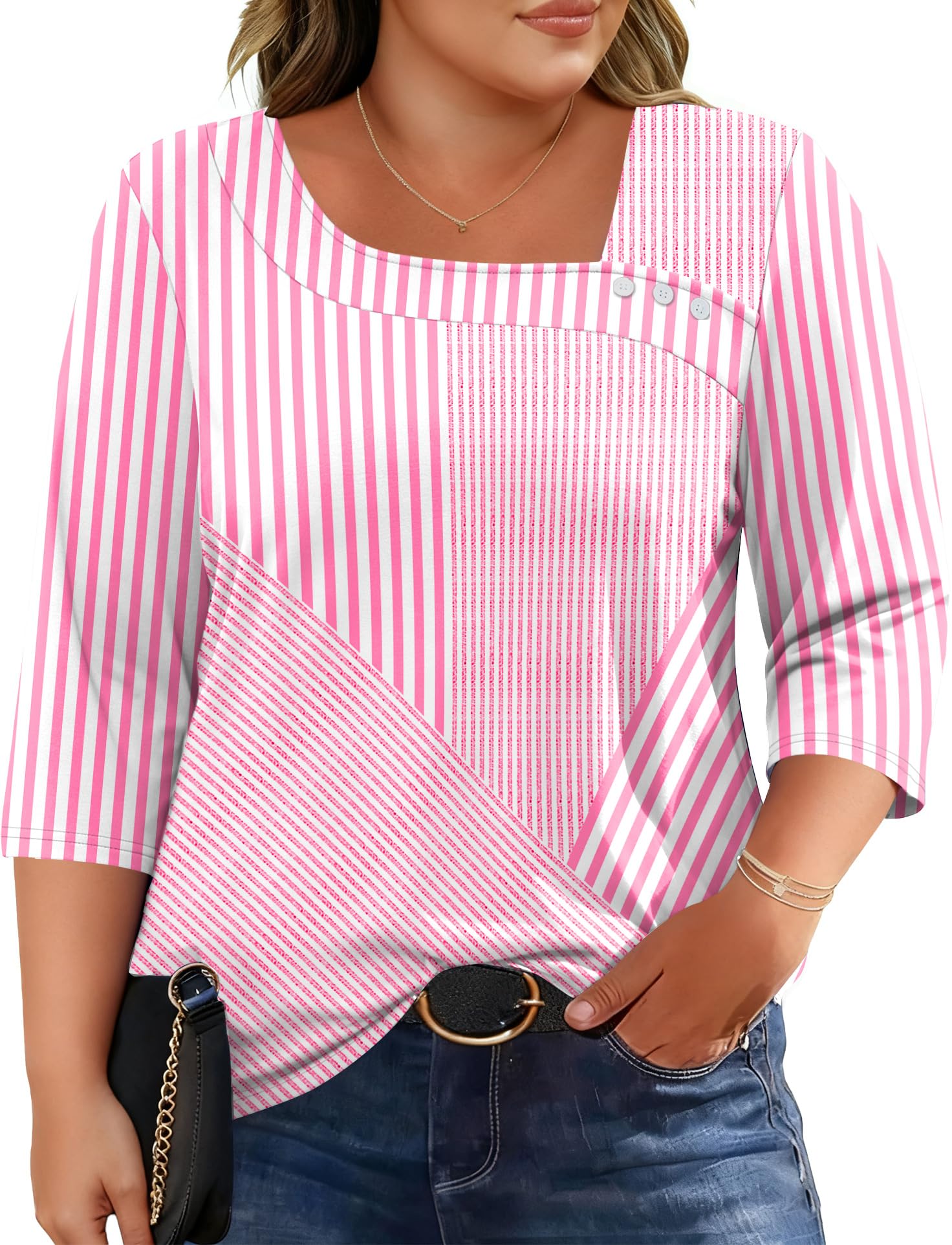 LOMON Womens Plus Size Tops 3/4 Length Sleeve T Shirts Asymmetrical Neck Blouses for Women Fashion 2026