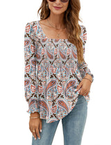 LOMON Blouses for Women Puff Long Sleeve Shirts Square Neck Casual Smocked Tunic Tops 2024 Spring Fall Winter Clothes S-XL