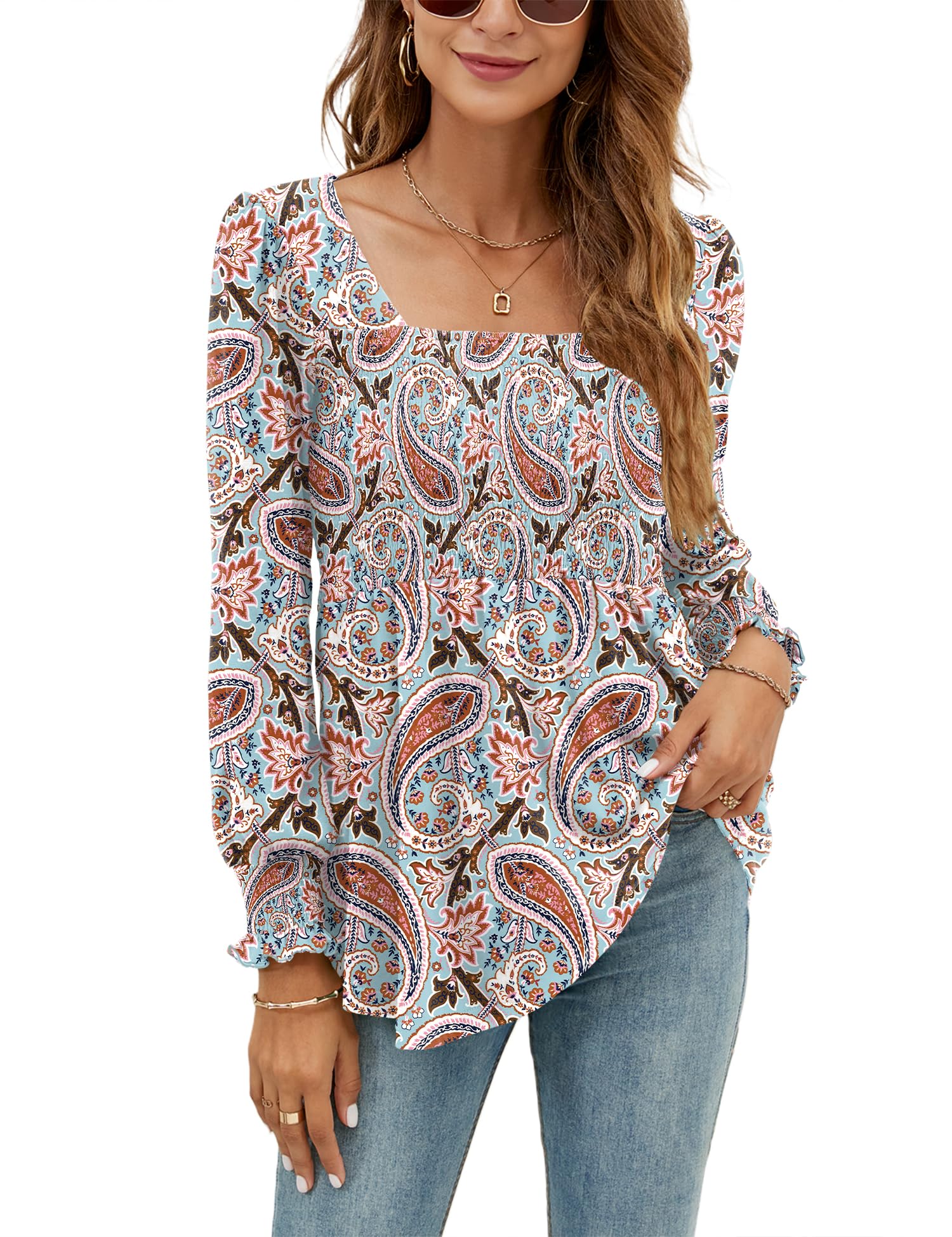 LOMON Blouses for Women Puff Long Sleeve Shirts Square Neck Casual Smocked Tunic Tops 2024 Spring Fall Winter Clothes S-XL