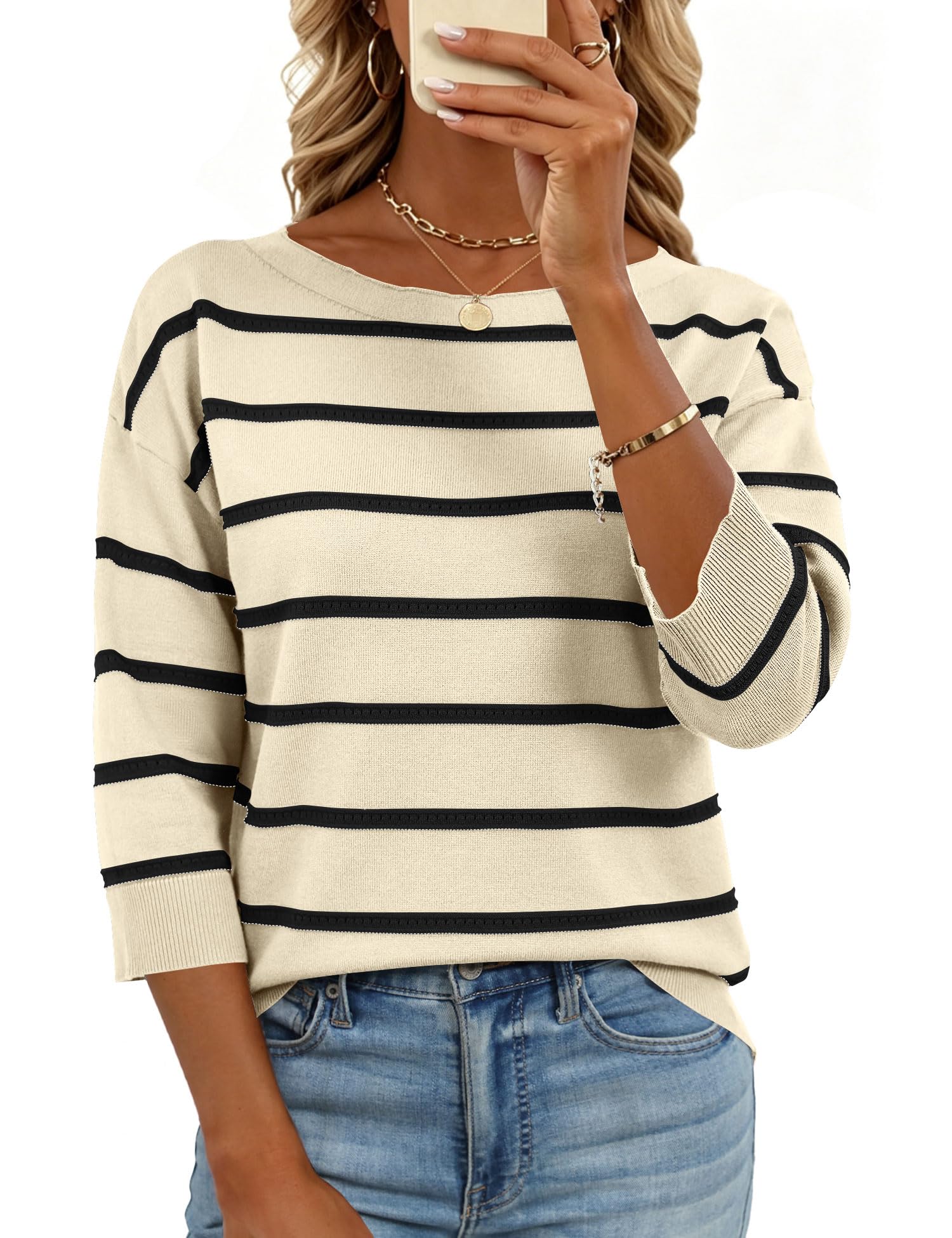 LOMON Womens Sweaters Casual Boat Neck 3/4 Sleeve Lightweight Knit Trendy Pullover Sweater Summer Tops S-XL