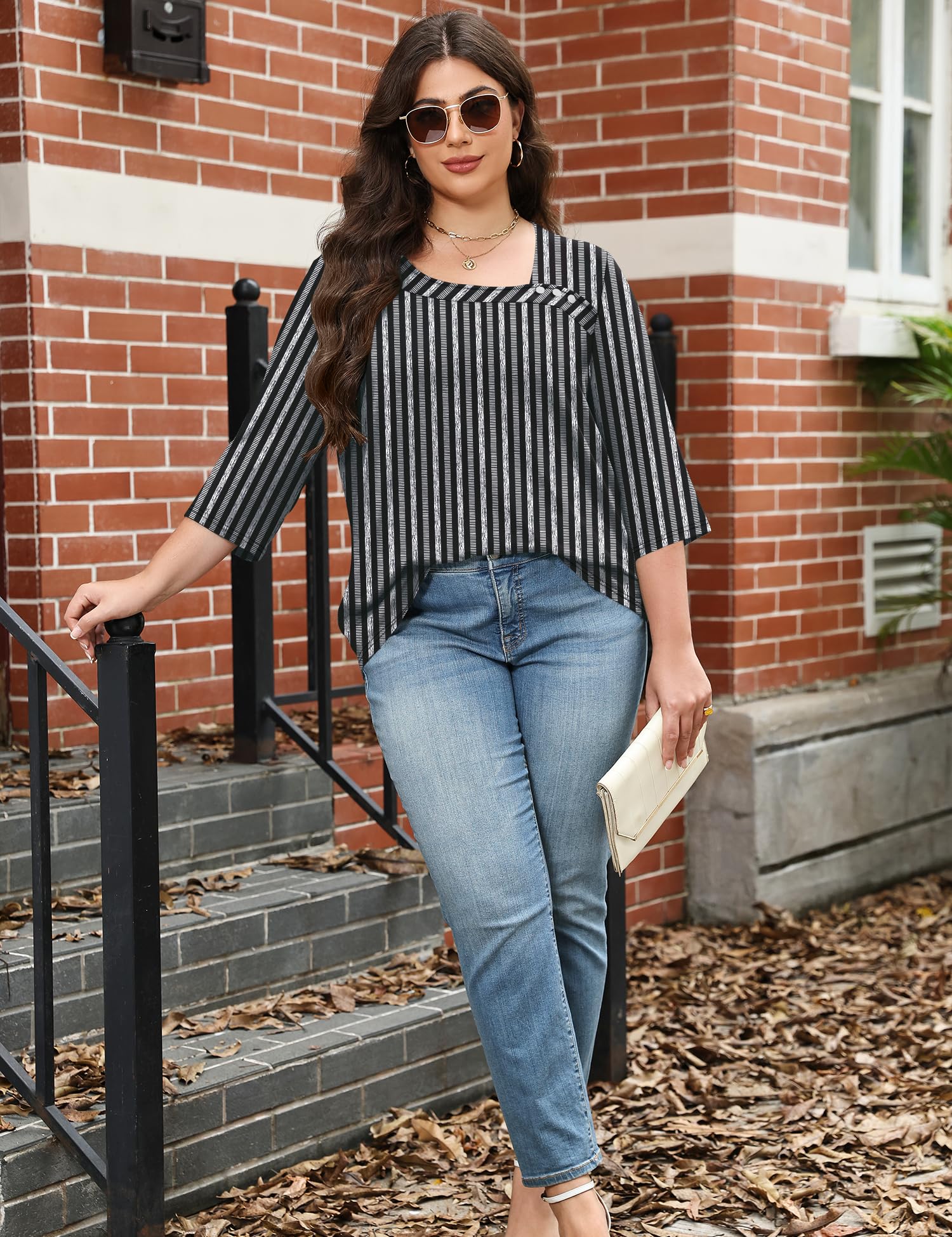 LOMON Womens Plus Size Tops 3/4 Length Sleeve T Shirts Asymmetrical Neck Blouses for Women Fashion 2026