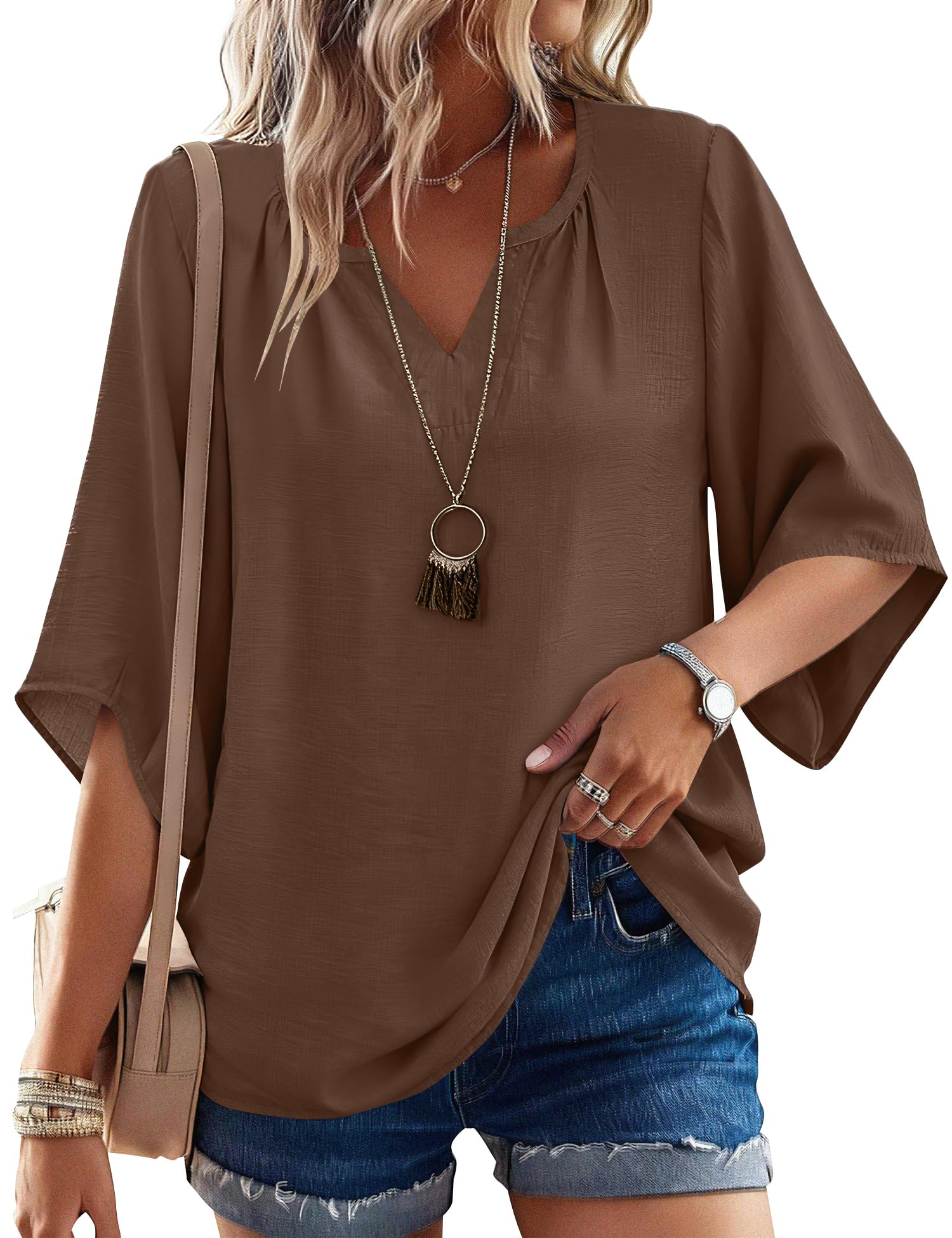 LOMON Women's 3/4 Length Sleeve Boho Tops V Neck Casual Vacation Clothes Loose Fit Tunic Shirts S-3XL