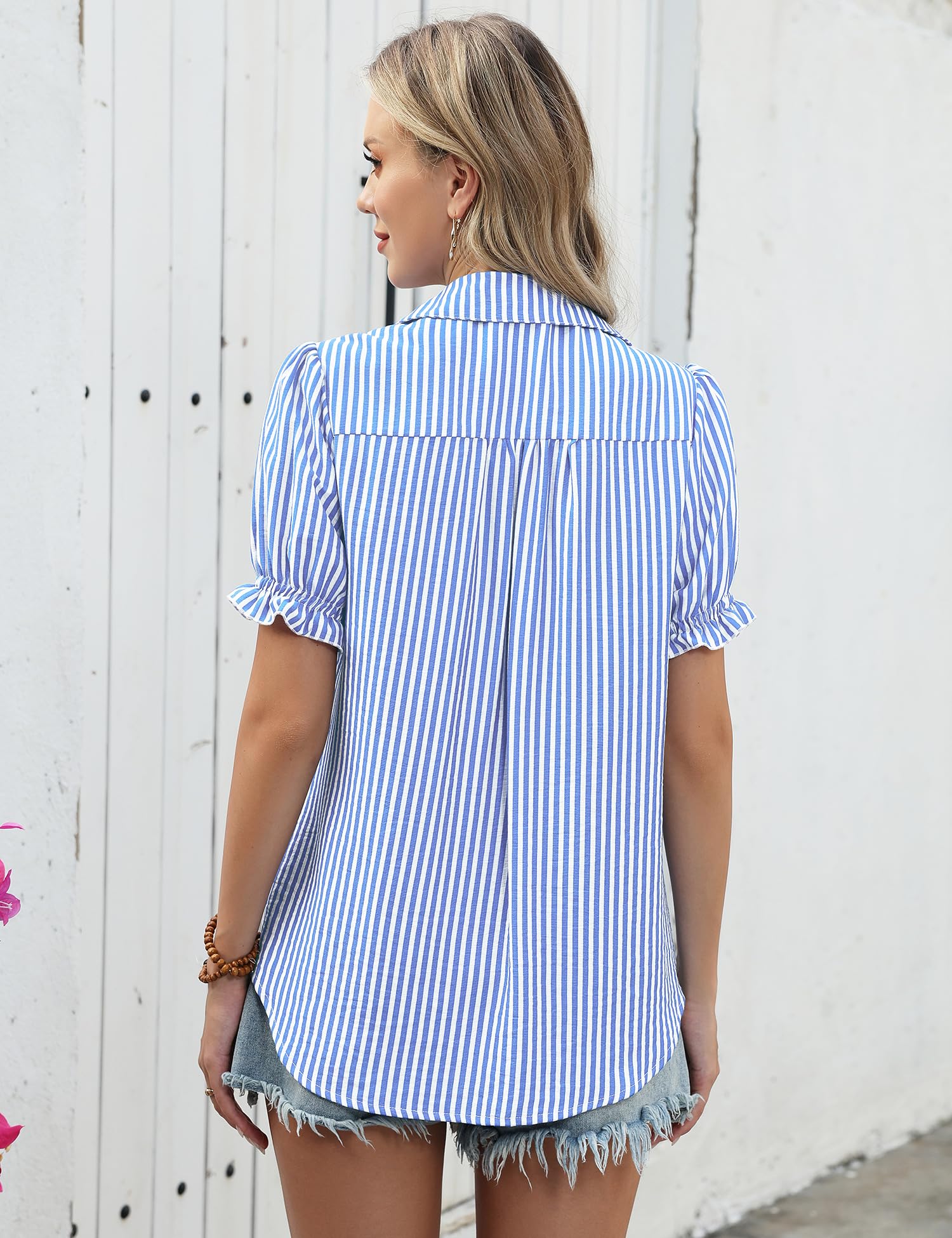 LOMON Linen Shirts for Women Puff Sleeve Button Down Summer Casual Cotton Linen Blouses Collared Work Tops Dressy