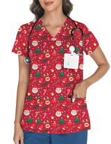 LOMON Women's V Neck Printed Scrub Top with 3 Pockets