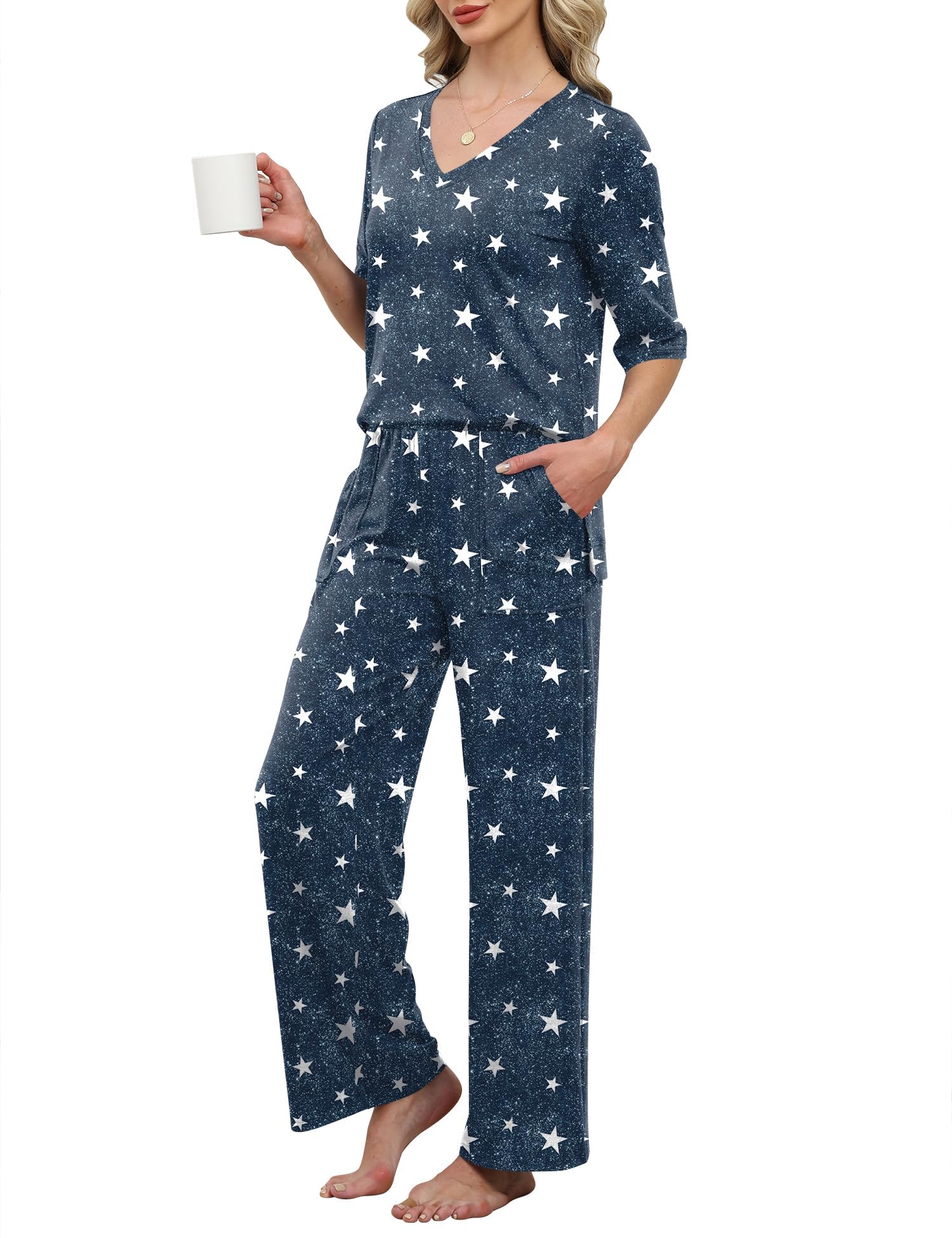 LOMON Women's 2 Piece Lounge Pajama Sets Soft 3/4 Sleeve Tops and Wide Leg Pants Loose Casual Outfits with Pockets