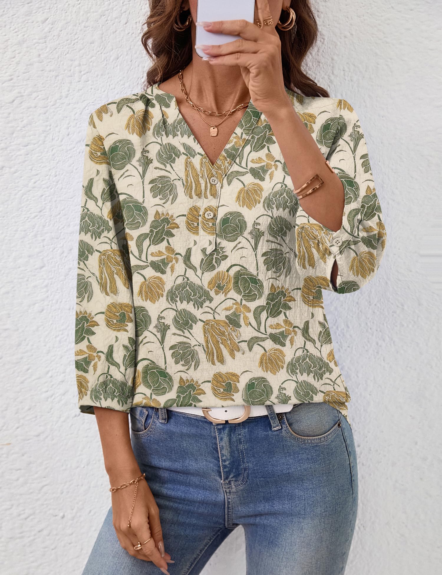 LOMON Womens Tops Dressy Summer 3/4 Length Sleeve Henley V Neck Button Down Shirts Pleated Blouses S-XXL