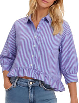 LOMON Womens 3/4 Sleeve Button Down Tops Dressy Casual Collared Shirts Blouses Ruffle Babydoll Tops Loose Fit