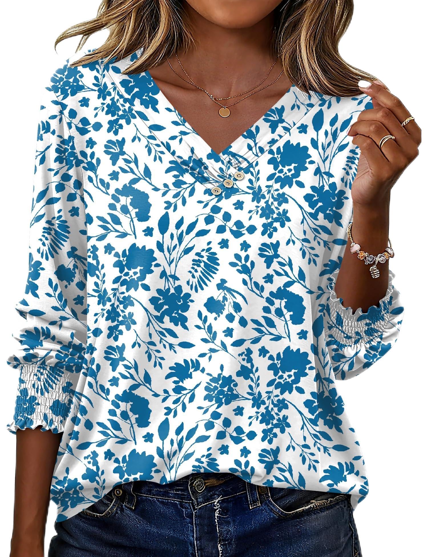 LOMON Blouses for Women Dressy Casual 3/4 Length Sleeve Womens Tops with Buttons Decor