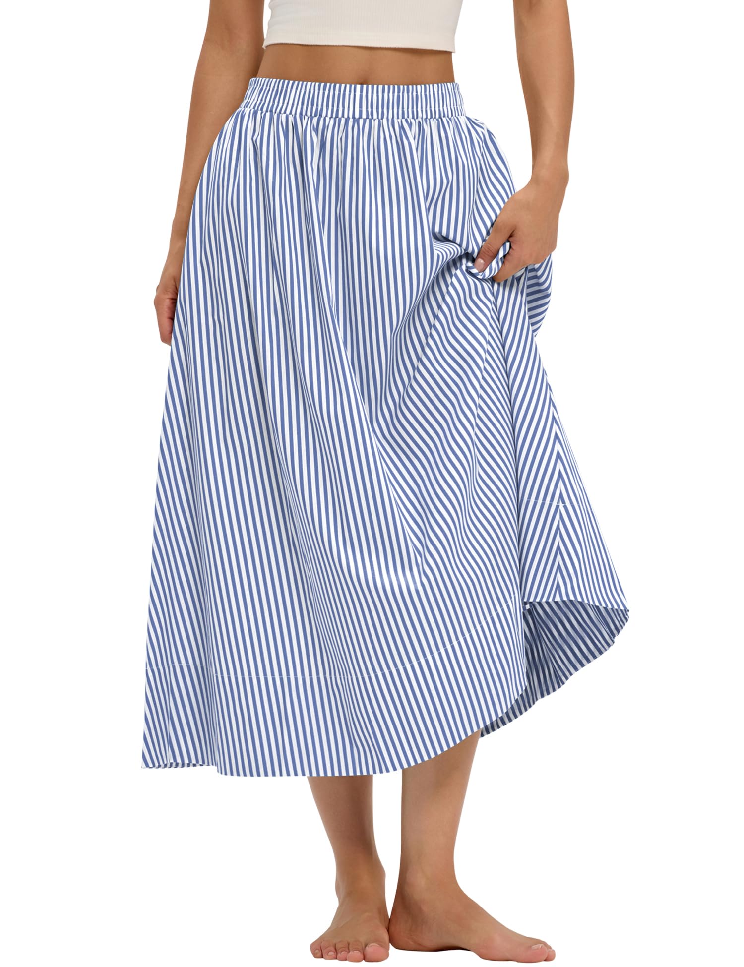 LOMON Midi Skirts for Women A-Line Cotton Flowy Maxi Skirt Boho Summer Beach Casual Elastic Waist Dress Outfit with Pockets
