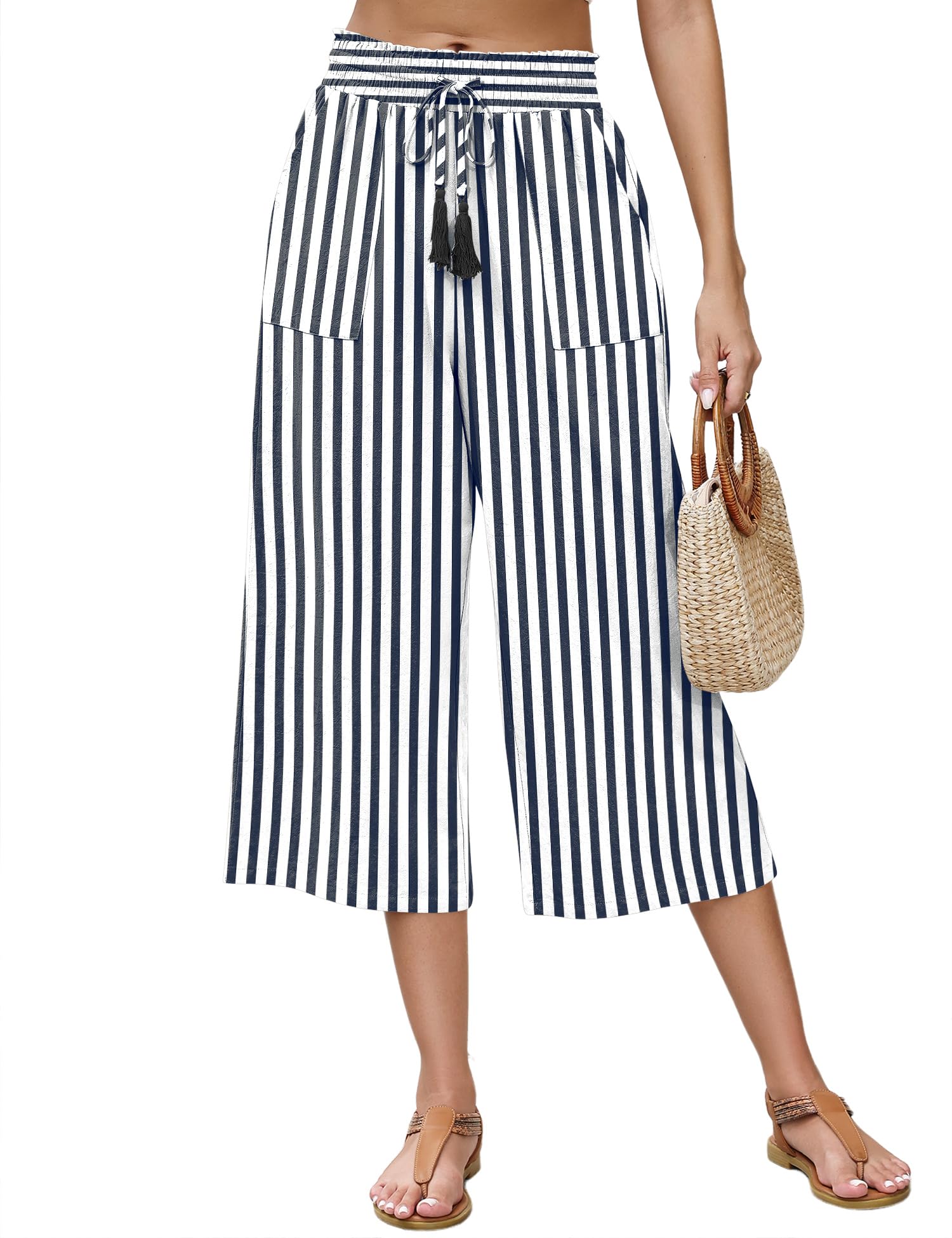 LOMON Women's Linen Capri Pants Wide Leg with Drawstring Elastic Waist Casual Cropped Pant