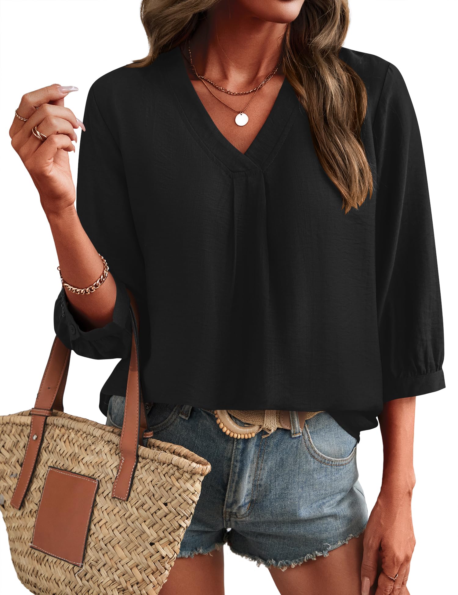 LOMON Womens 3/4 Sleeve V Neck Boho Peasant Blouses Dressy Casual Breathable Soft Tunic Tops with Button Cuffs