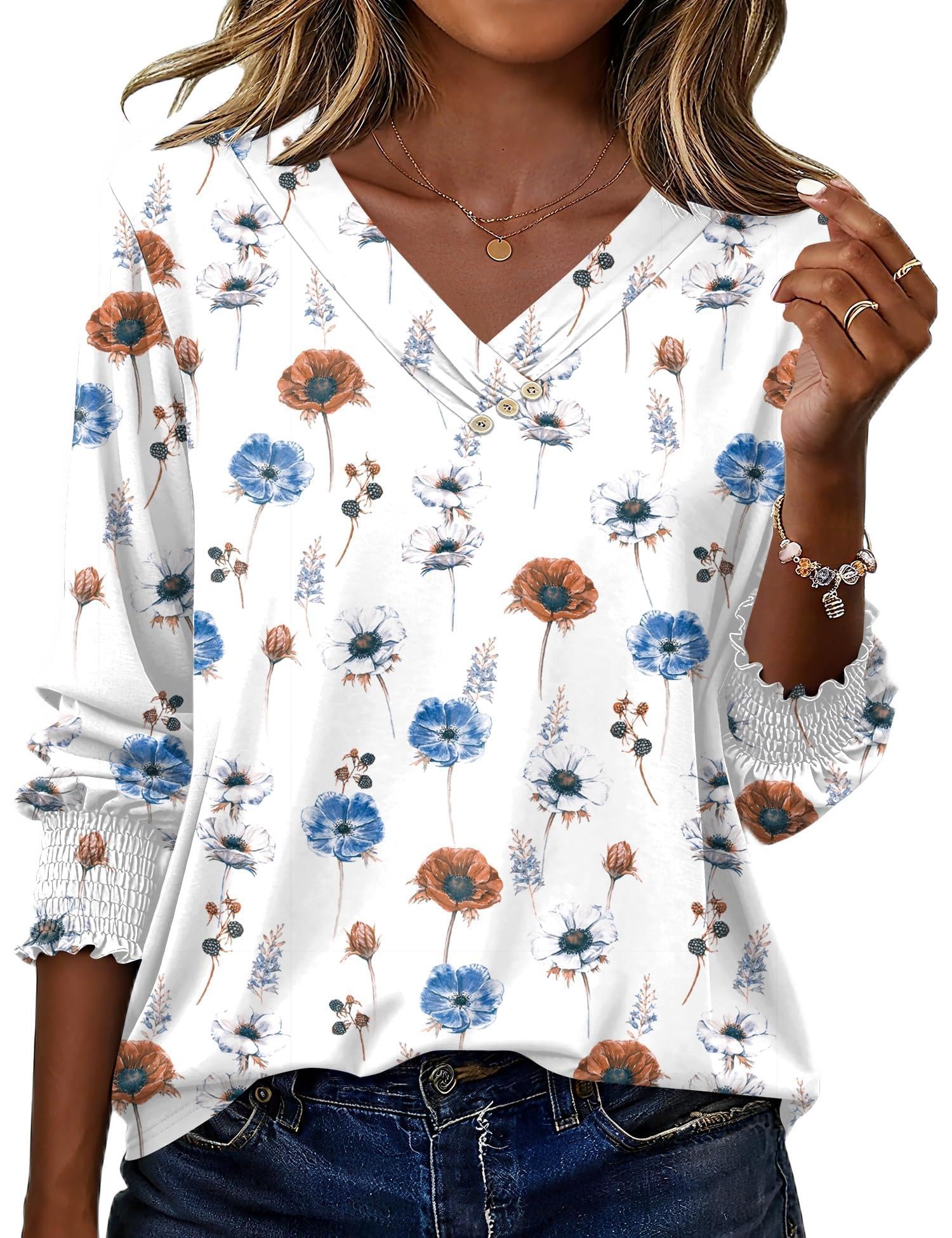 LOMON Blouses for Women Dressy Casual 3/4 Length Sleeve Womens Tops with Buttons Decor