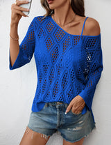 LOMON Womens 3/4 Sleeve Crochet Tops Off Shoulder Hollow Out Sweater V Neck Casual Loose Fit Beach Cover Up