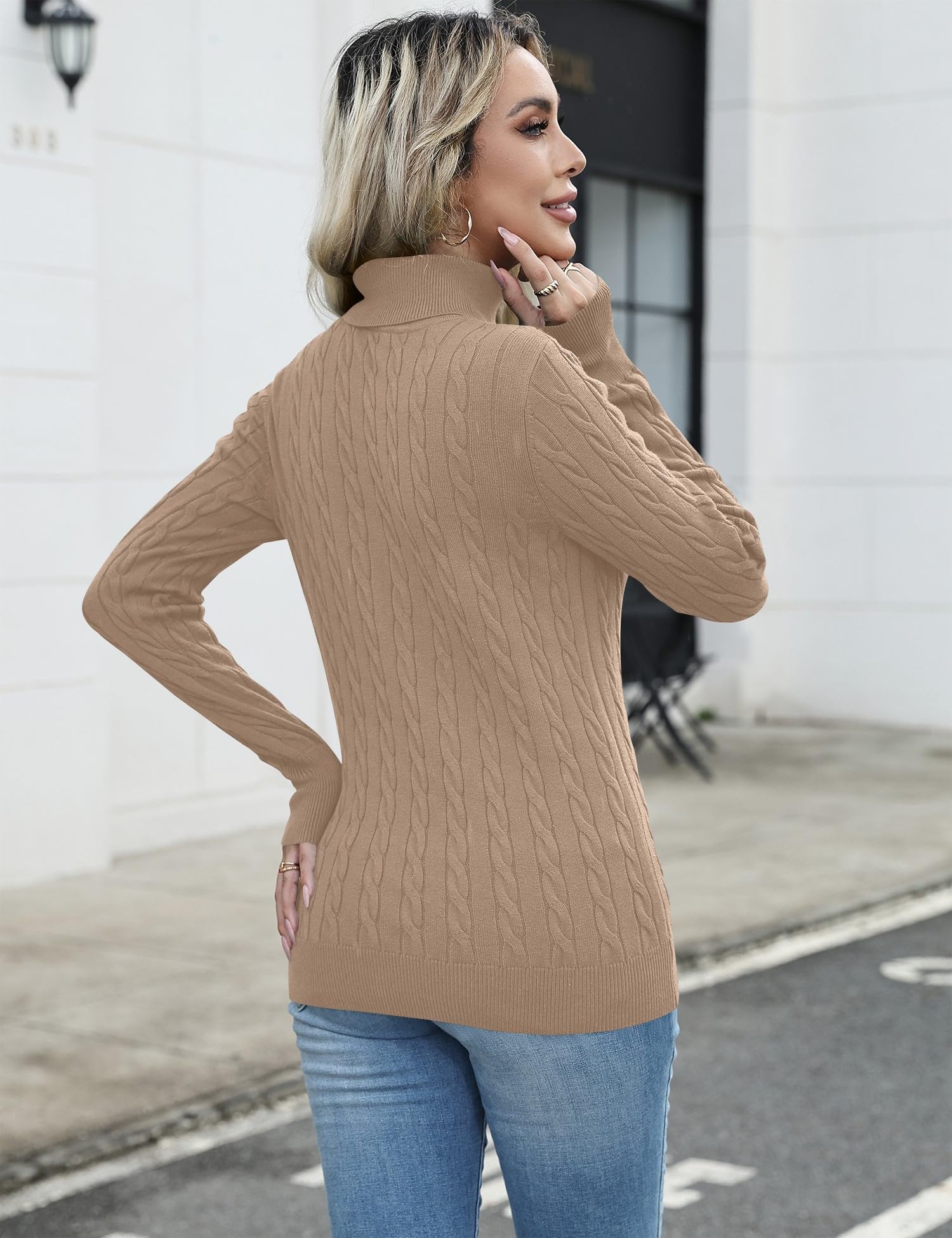 LOMON Women's Casual Turtleneck Sweaters Cable Knit Fall Long Sleeve Slim Fit Pullover Tops