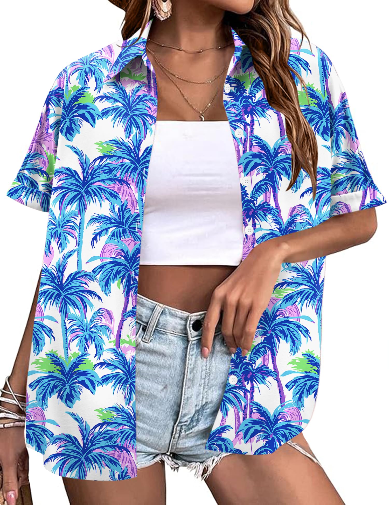 LOMON Women's Summer Hawaiian Shirts Floral Short Sleeve Button Down Shirts Hawaii Tropical Beach Tops Outfits