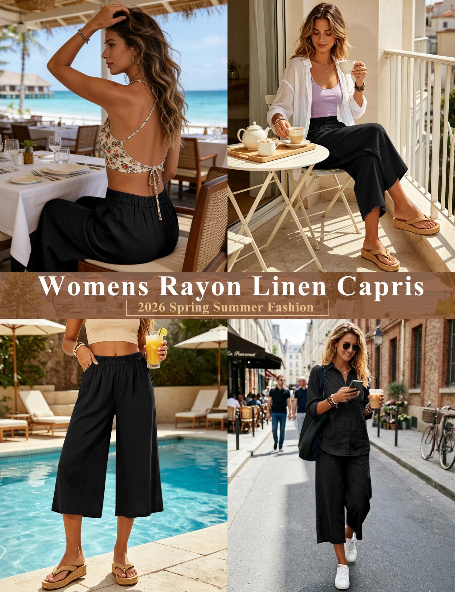 LOMON Women's Wide Leg Capri Pants Cropped Palazzo Summer Beach Vacation Casual Pants with Pockets