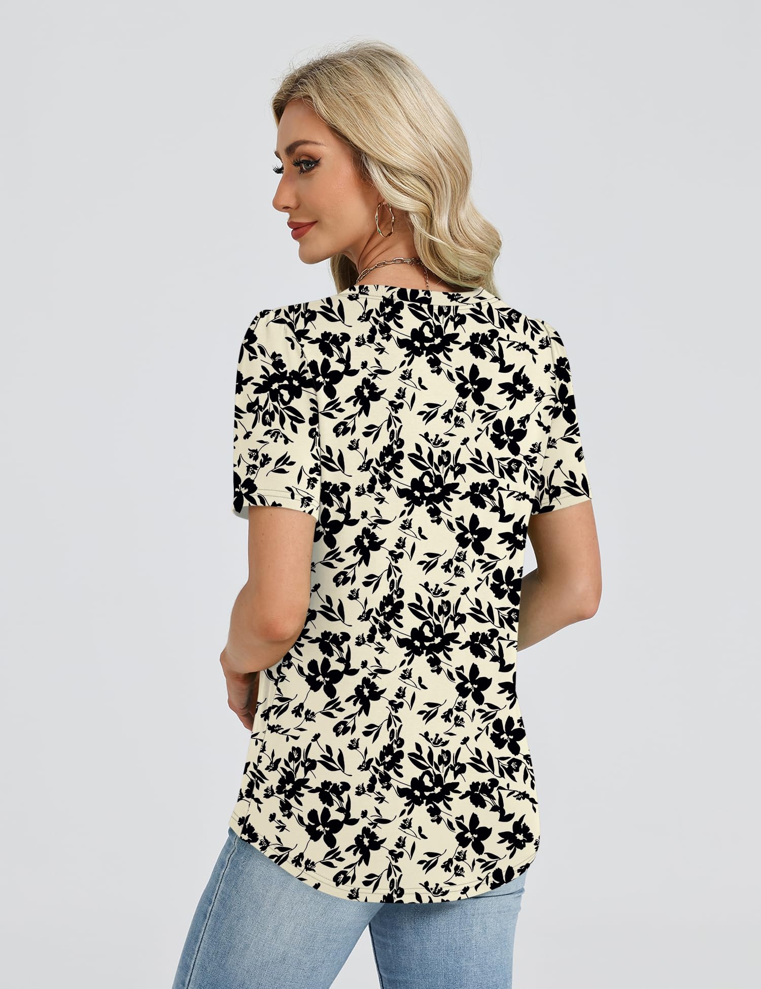 LOMON Womens Tops Dressy Casual V Neck Short Sleeve Shirts Summer Pleated Blouses Button Down Tunic Loose Fit