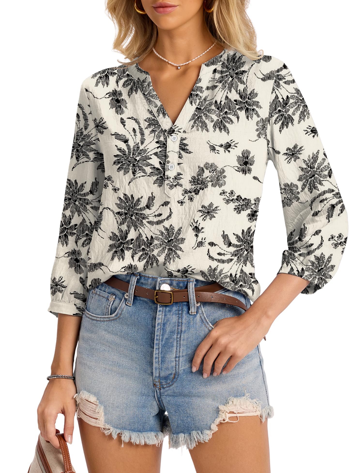 LOMON Womens Tops Dressy Summer 3/4 Length Sleeve Henley V Neck Button Down Shirts Pleated Blouses S-XXL