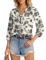 LOMON Womens Tops Dressy Summer 3/4 Length Sleeve Henley V Neck Button Down Shirts Pleated Blouses S-XXL
