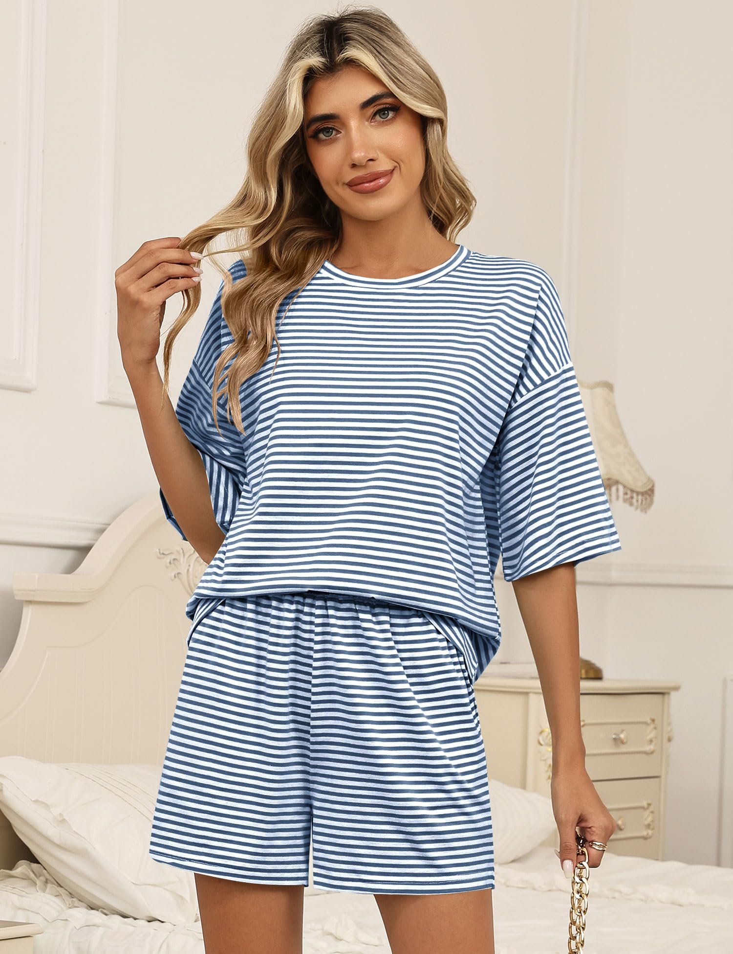 LOMON Two Piece Sets for Women Summer 3/4 Sleeve Tops and Elastic Waist Shorts Pajamas Cute Comfy Soft Lounge Striped Pjs