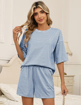 LOMON Two Piece Sets for Women Summer 3/4 Sleeve Tops and Elastic Waist Shorts Pajamas Cute Comfy Soft Lounge Striped Pjs