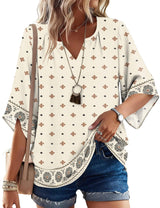 LOMON Women's 3/4 Length Sleeve Boho Tops V Neck Casual Vacation Clothes Loose Fit Tunic Shirts S-3XL