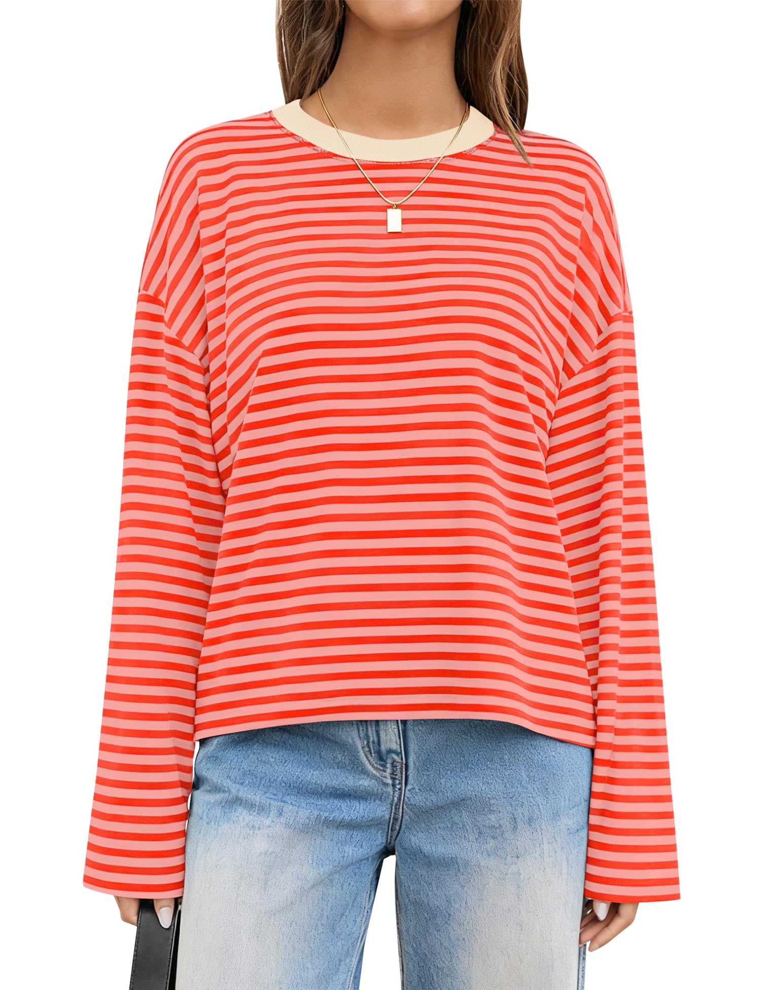 LOMON Striped Long Sleeve Shirt Women Y2k Oversized Crewneck Fall Spring Drop Shoulder Vintage Tops Teen Girl Clothes