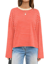 LOMON Striped Long Sleeve Shirt Women Y2k Oversized Crewneck Fall Spring Drop Shoulder Vintage Tops Teen Girl Clothes
