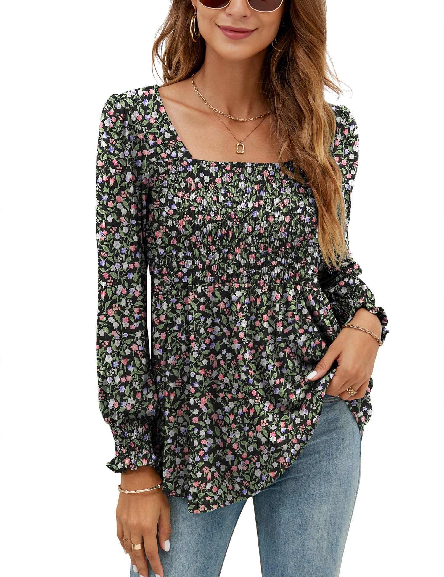 LOMON Blouses for Women Puff Long Sleeve Shirts Square Neck Casual Smocked Tunic Tops 2024 Spring Fall Winter Clothes S-XL