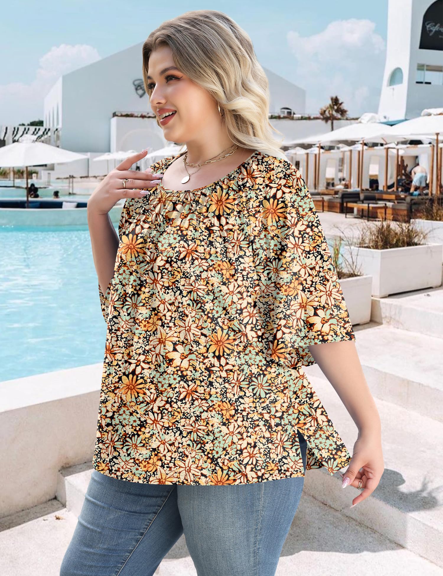 LOMON Womens Plus Size Tops Summer 3/4 Length Sleeve Crewneck Blouses Dressy Casual Loose Curvy Flowy Tunic Shirts 1X-5X
