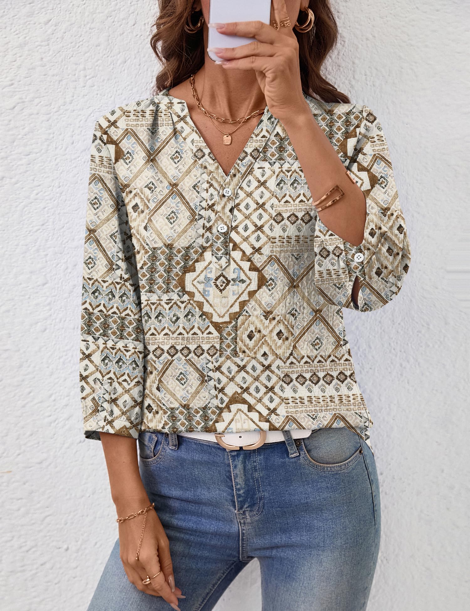 LOMON Womens Tops Dressy Summer 3/4 Length Sleeve Henley V Neck Button Down Shirts Pleated Blouses S-XXL