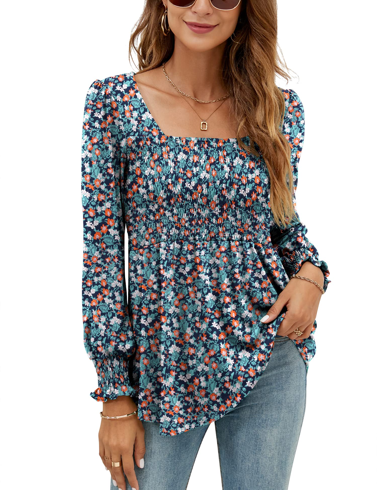 LOMON Blouses for Women Puff Long Sleeve Shirts Square Neck Casual Smocked Tunic Tops 2024 Spring Fall Winter Clothes S-XL