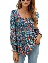 LOMON Blouses for Women Puff Long Sleeve Shirts Square Neck Casual Smocked Tunic Tops 2024 Spring Fall Winter Clothes S-XL