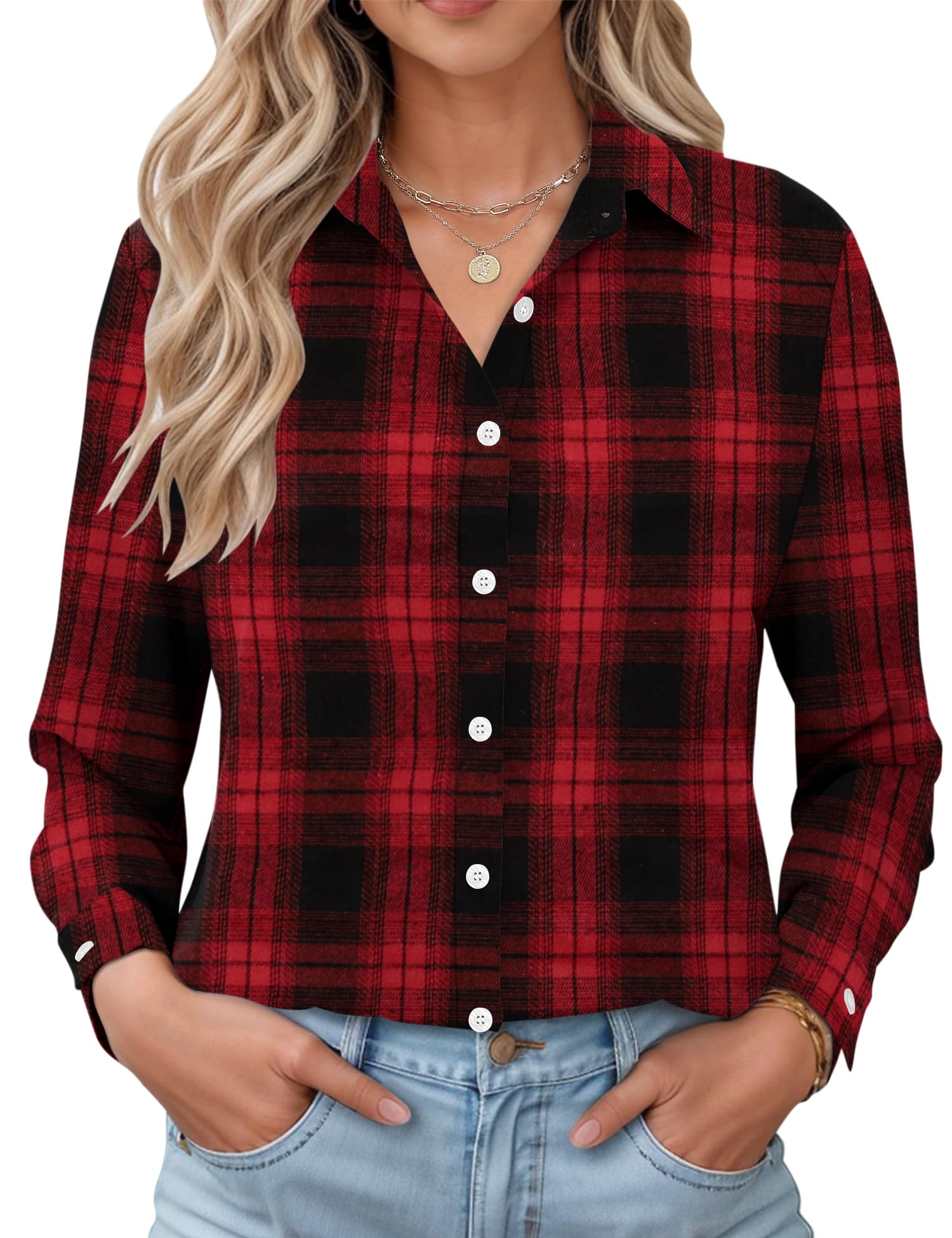 LOMON Womens Long Sleeve Button Down Shirts Casual Loose Fit Cotton Collared Blouses