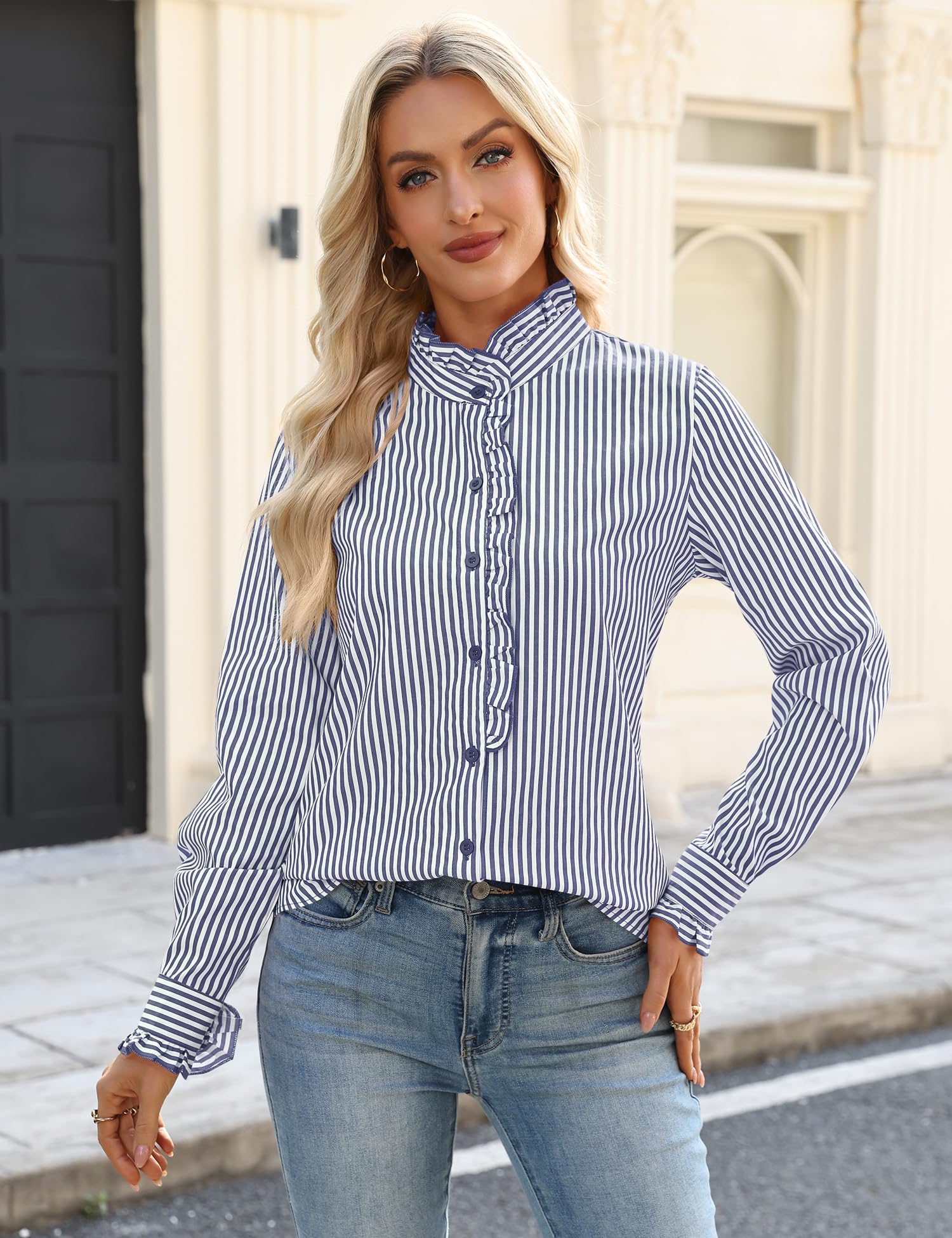 LOMON Button Down Shirts for Women Dressy Casual Long Sleeve Ruffle Blouses Office Tops Work Shirt