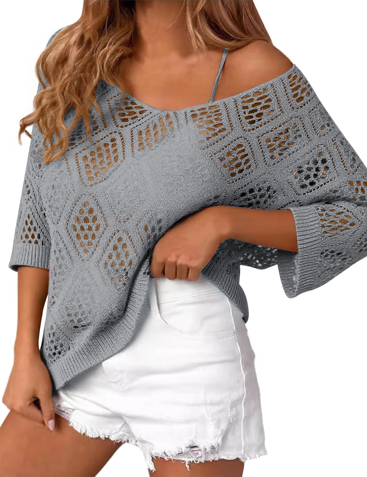 LOMON Womens 3/4 Sleeve Crochet Tops Off Shoulder Hollow Out Sweater V Neck Casual Loose Fit Beach Cover Up