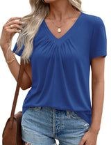 LOMON Womens Summer Tops Short Sleeve V Neck Pleated T-Shirts Loose Fit Dressy Casual Blouses S-XXL