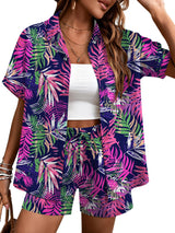 LOMON Women's 2 Piece Hawaiian Vacation Outfits Tropical Print Short Sleeve Shirts and Shorts Beach Sets Resort Wear