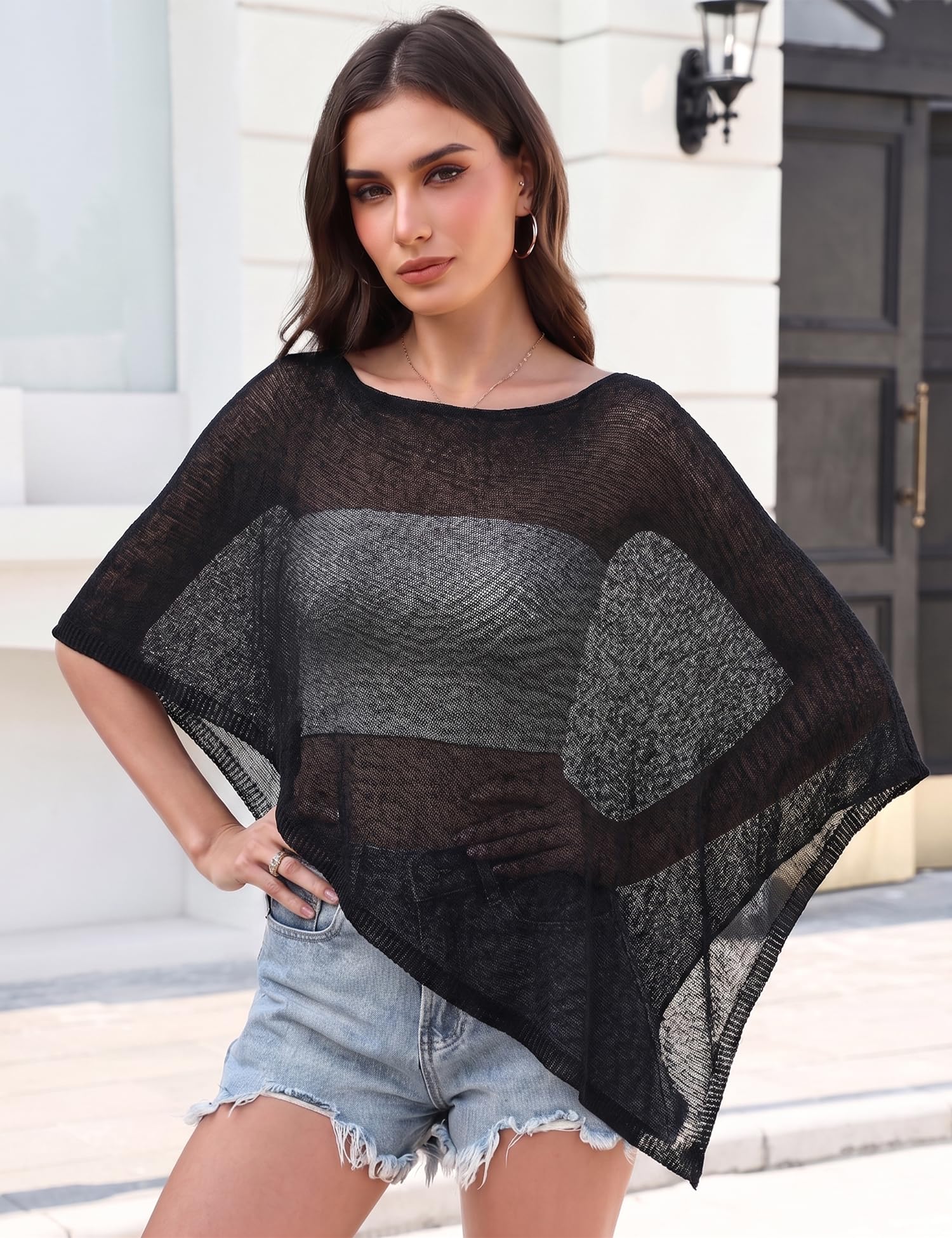LOMON Womens Sheer Poncho Shrug Bolero Lightweight Knit Crochet Shrug Mesh Cover Up Summer 2026