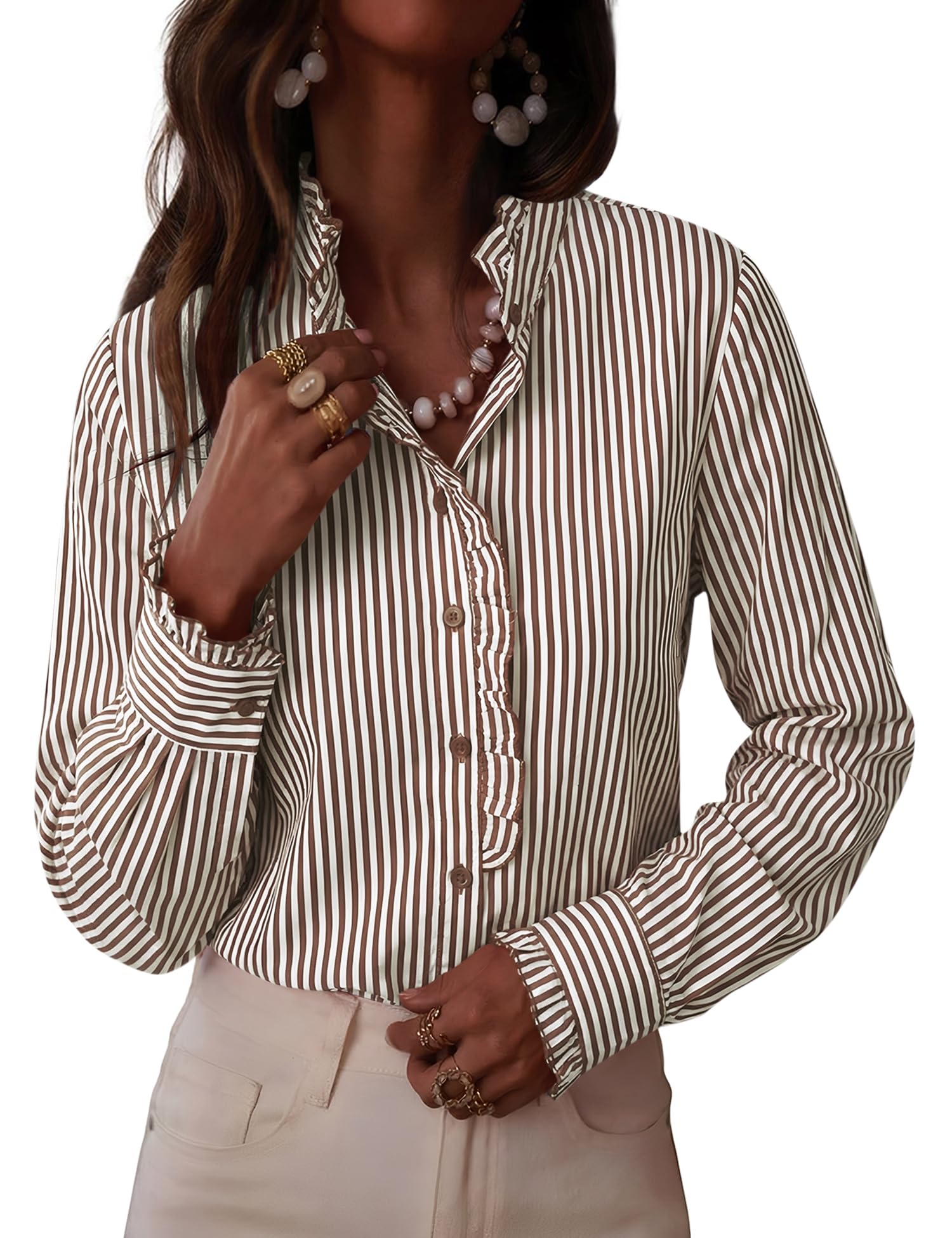 LOMON Button Down Shirts for Women Dressy Casual Long Sleeve Ruffle Blouses Office Tops Work Shirt