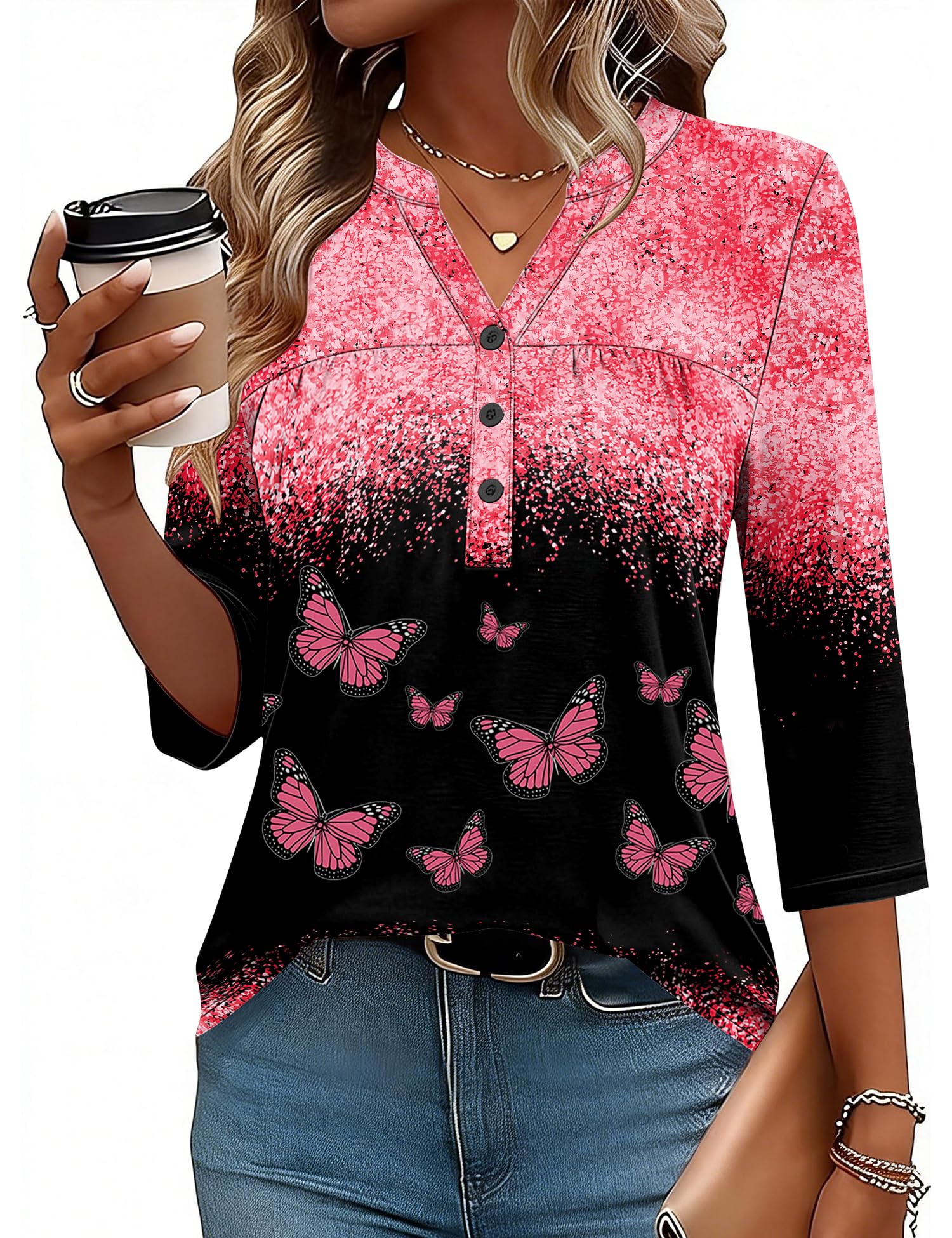 LOMON Womens Tops 3/4 Sleeve Botton Down Shirts Casual V Neck Tunic Blouses Pleated Fashion Summer Tees 2026 Trendy S-3XL