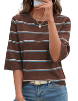 LOMON Womens Sweaters Casual Fall 2025 Crew Neck Striped 3/4 Sleeve Lightweight Knit Trendy Pullover Sweater Tops S-XL
