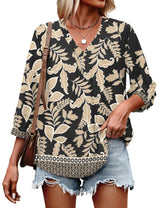LOMON Womens 3/4 Sleeve V Neck Boho Peasant Blouses Dressy Casual Breathable Soft Tunic Tops with Button Cuffs