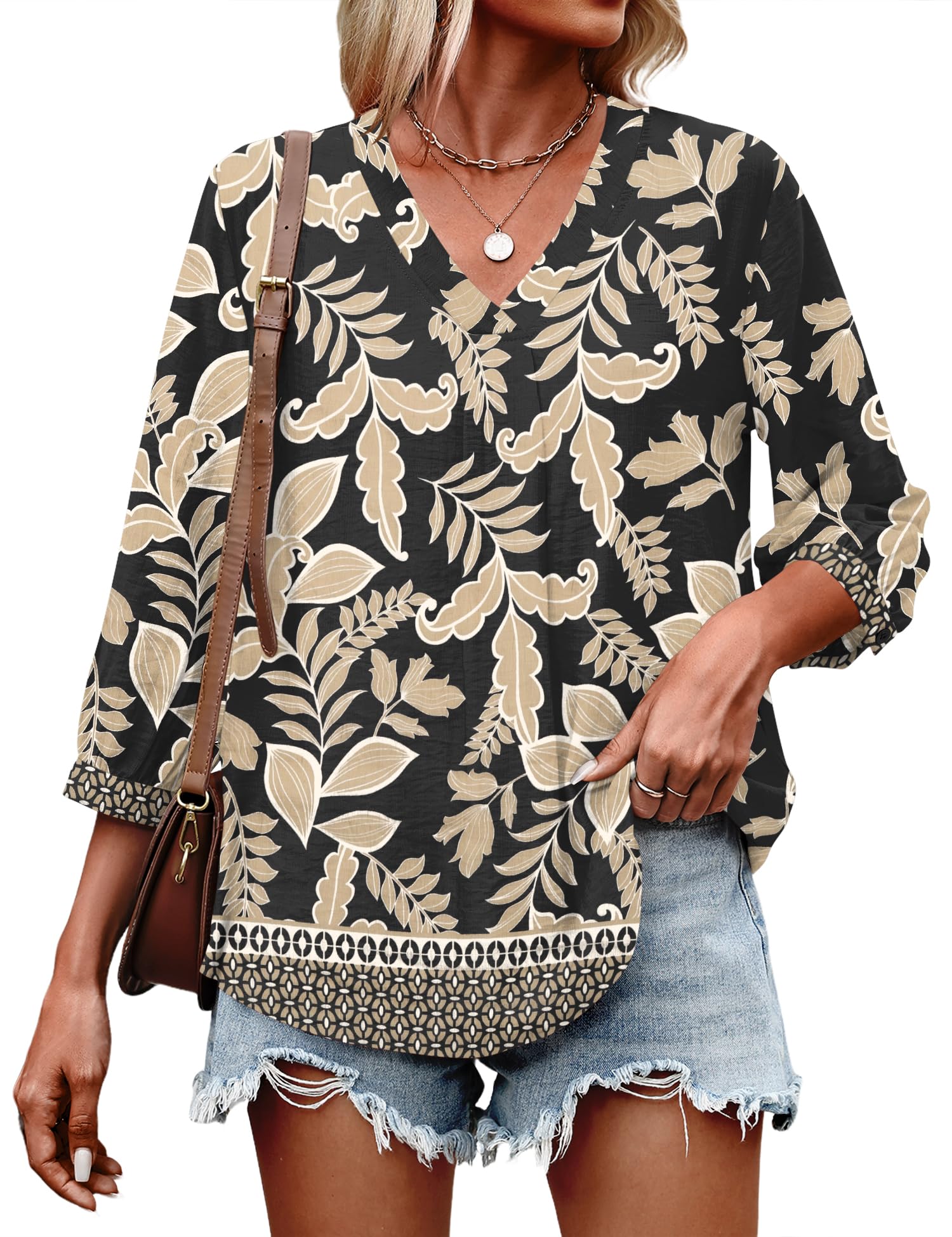 LOMON Womens 3/4 Sleeve V Neck Boho Peasant Blouses Dressy Casual Breathable Soft Tunic Tops with Button Cuffs